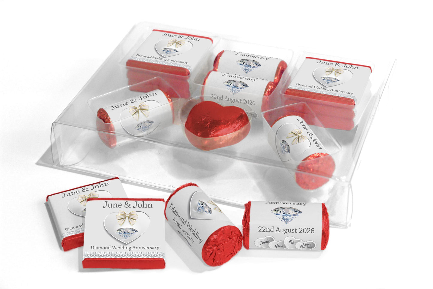 Diamond Wedding Anniversary Large Combo Box - Personalised Favours - Neapolitan Chocolates/Heart/Love Heart Sweets - V4
