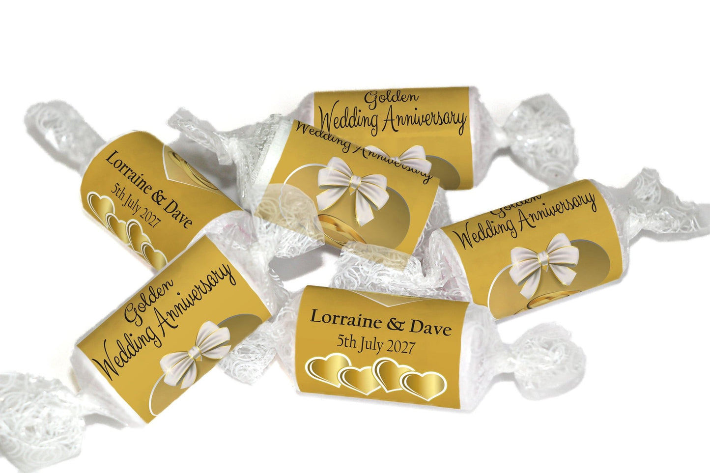 Golden Wedding Anniversary Sweets - Personalised Favours - Love Heart Sweets, Clear ends - V1 - Personalise4uLtd