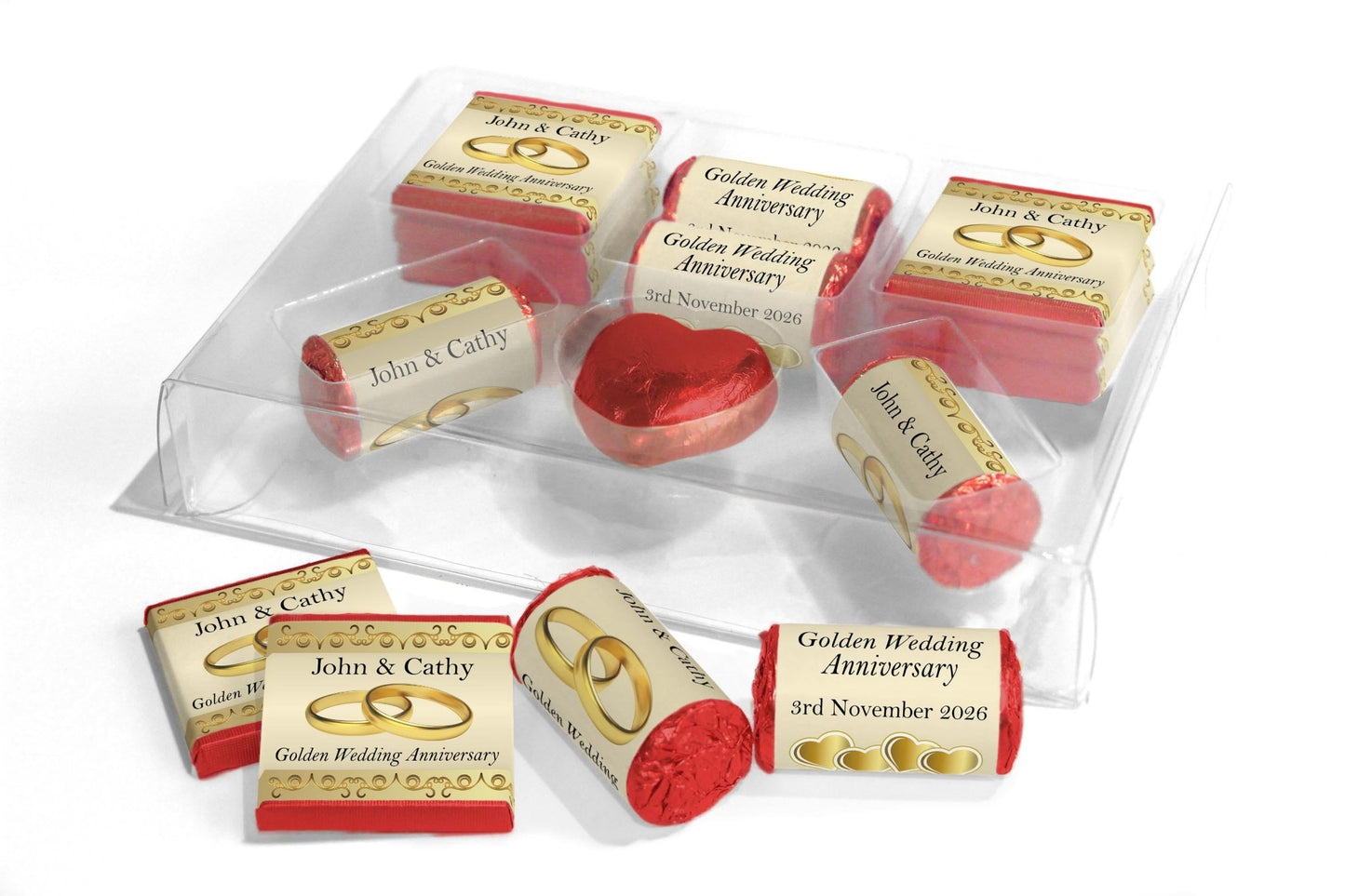 Golden Wedding Anniversary Large Combo Box - Personalised Favours - Neapolitan Chocolates/Heart/Love Heart Sweets - V2 - Personalise4uLtd