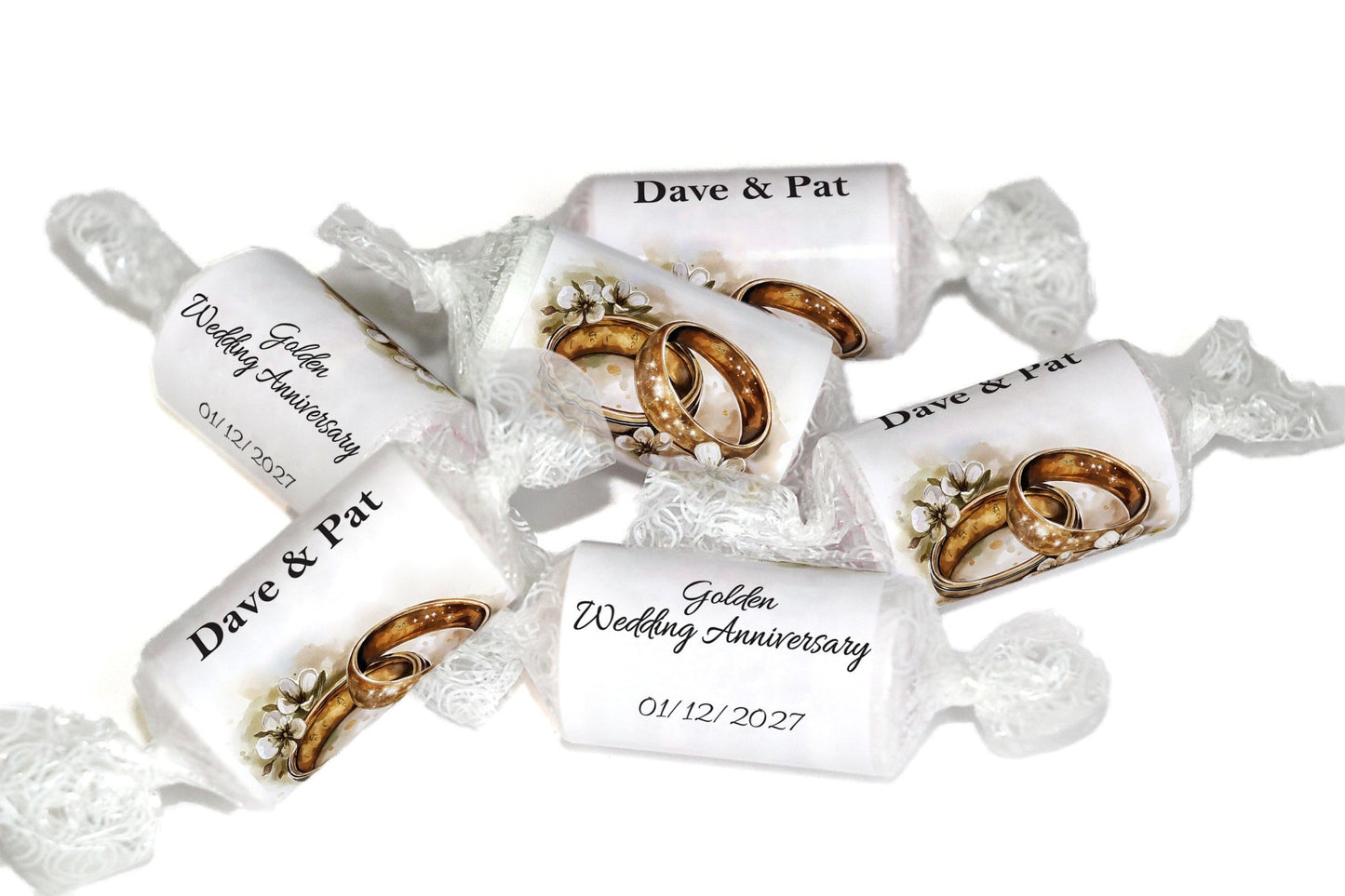 Golden Wedding Anniversary Sweets - Personalised Favours - Love Heart Sweets, Clear ends - V4 - Personalise4uLtd
