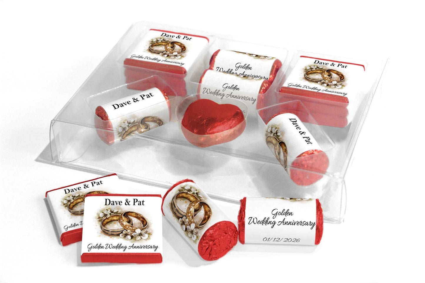 Golden Wedding Anniversary Large Combo Box - Personalised Favours - Neapolitan Chocolates/Heart/Love Heart Sweets - V4 - Personalise4uLtd