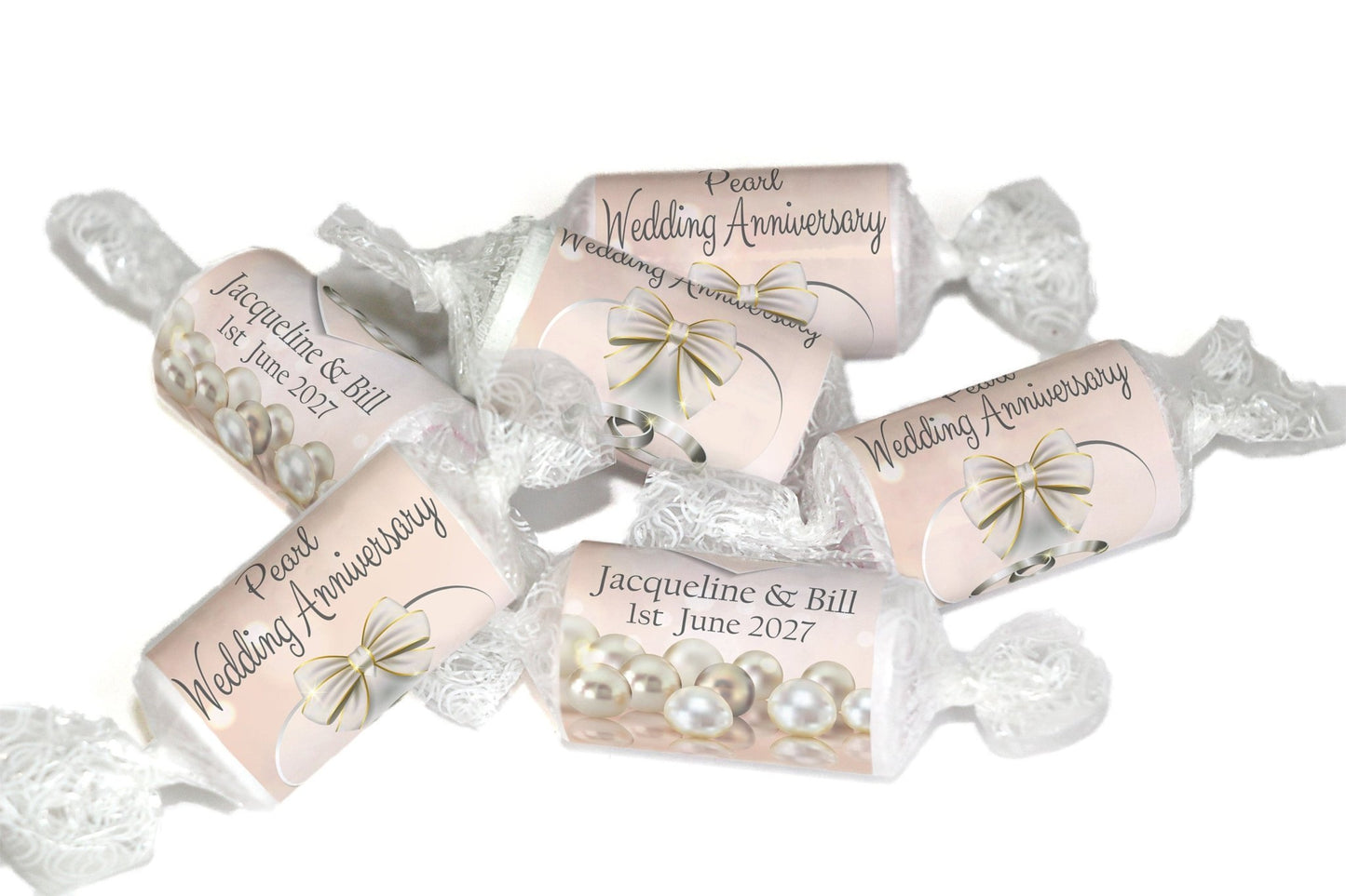 Pearl Wedding Anniversary Sweets - Personalised Favours - Love Heart Sweets, Clear ends - V1 - Personalise4uLtd