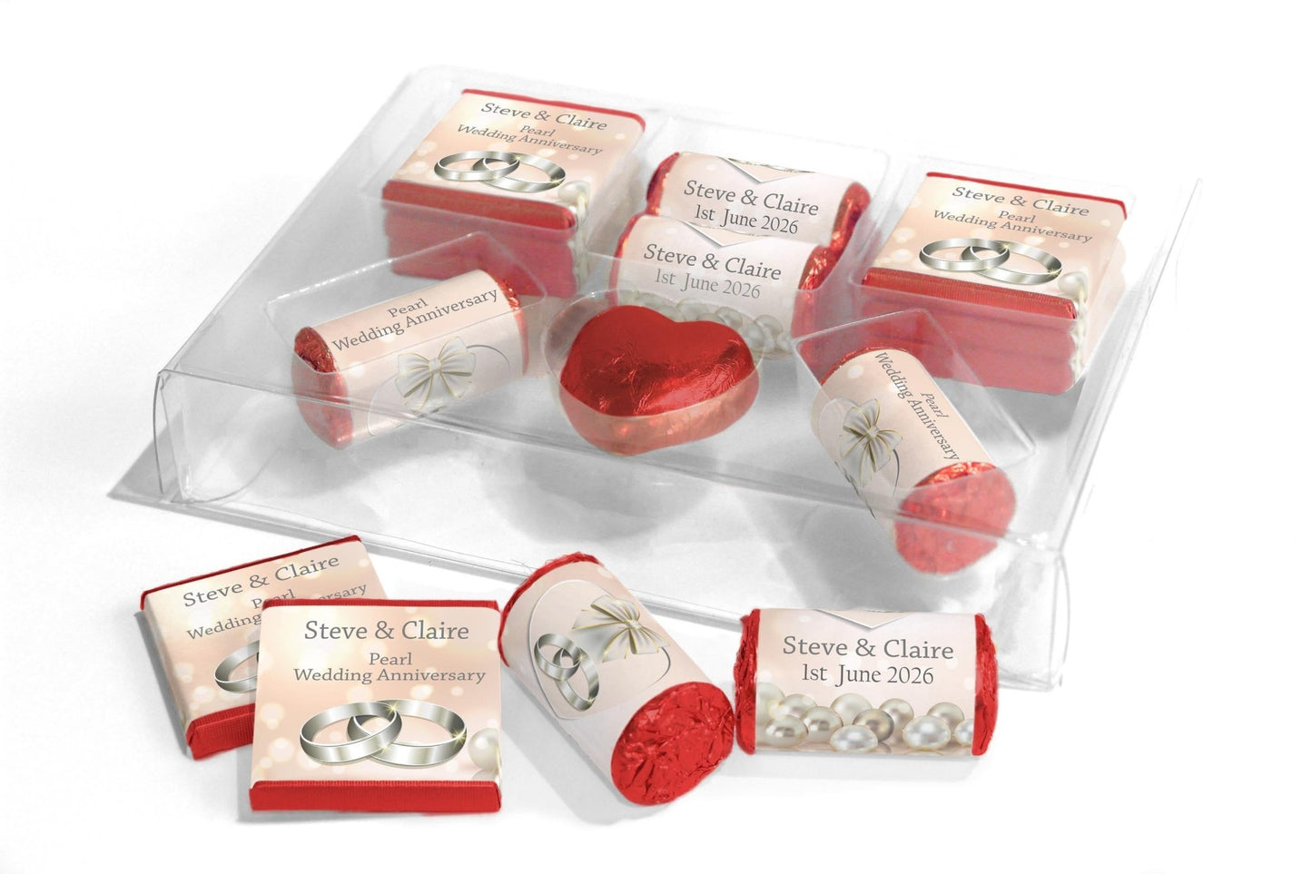 Pearl Wedding Anniversary Large Combo Box - Personalised Favours - Neapolitan Chocolates/Heart/Love Heart Sweets - V1 - Personalise4uLtd