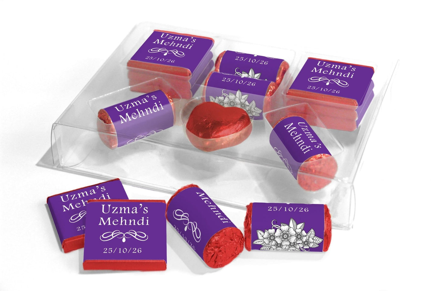 Mehndi Wedding Large Combo Box - Personalised Favours - Neapolitan Chocolates/Heart/Love Heart Sweets - V1 Purple - Personalise4uLtd