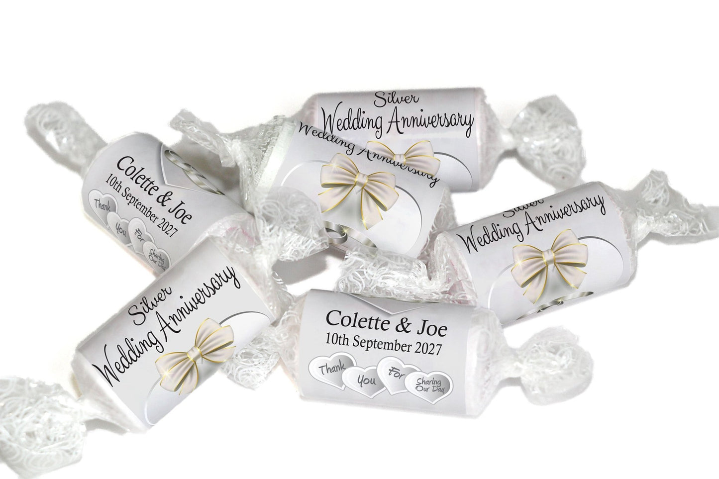 Silver Wedding Anniversary Sweets - Personalised Favours - Love Heart Sweets, Clear ends - V1 - Personalise4uLtd