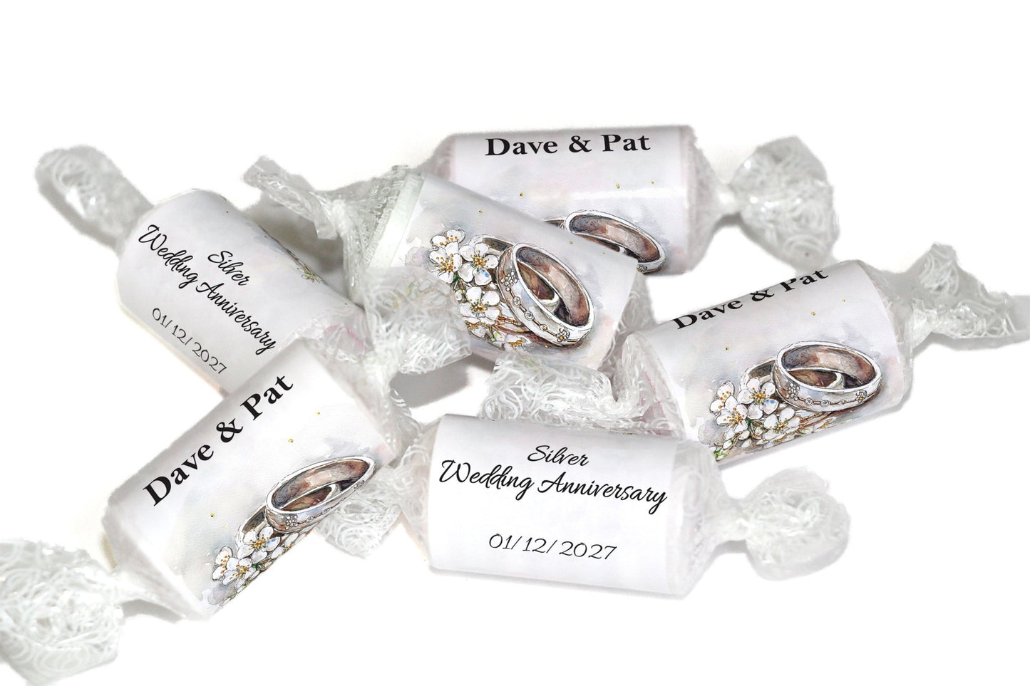 Silver Wedding Anniversary Sweets - Personalised Favours - Love Heart Sweets, Clear ends - V4 - Personalise4uLtd