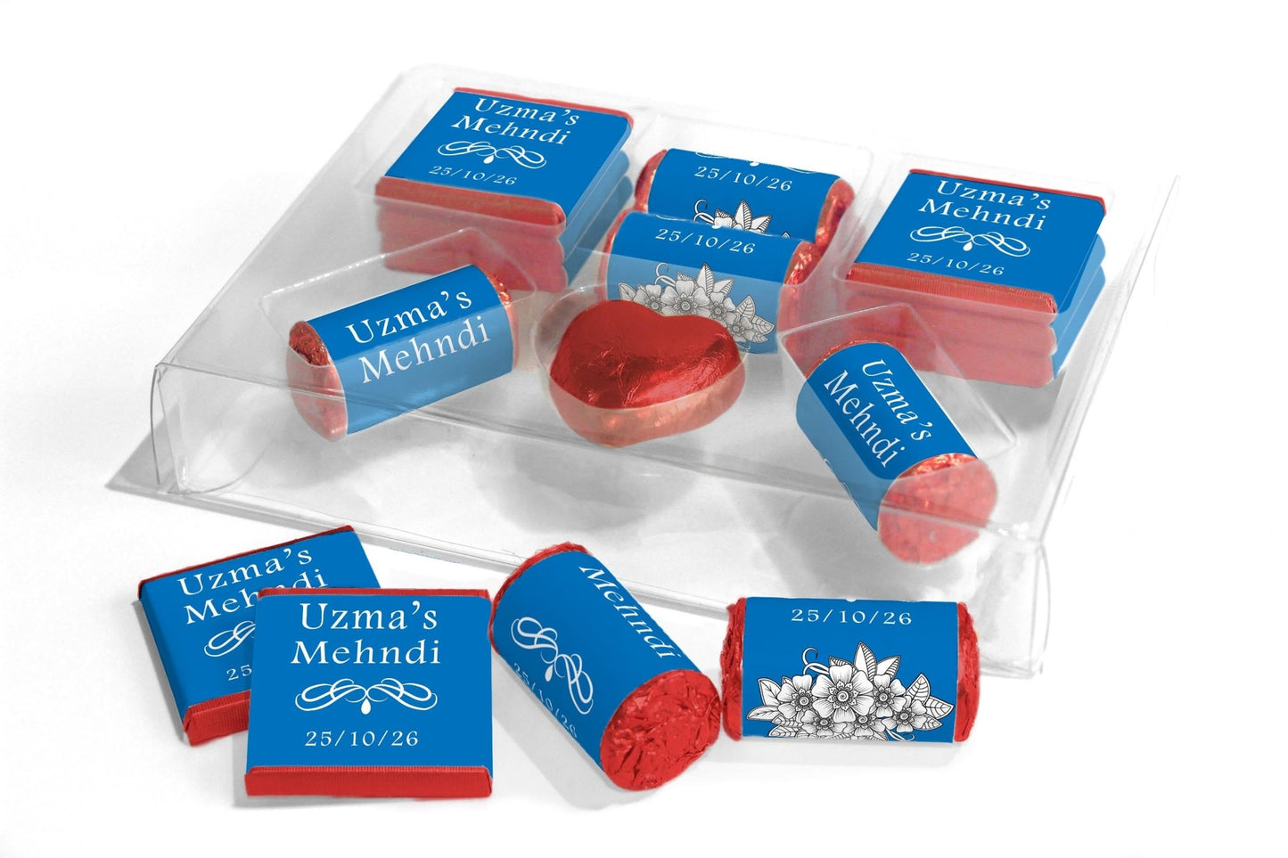 Mehndi Wedding Large Combo Box - Personalised Favours - Neapolitan Chocolates/Heart/Love Heart Sweets - V1 Blue - Personalise4uLtd