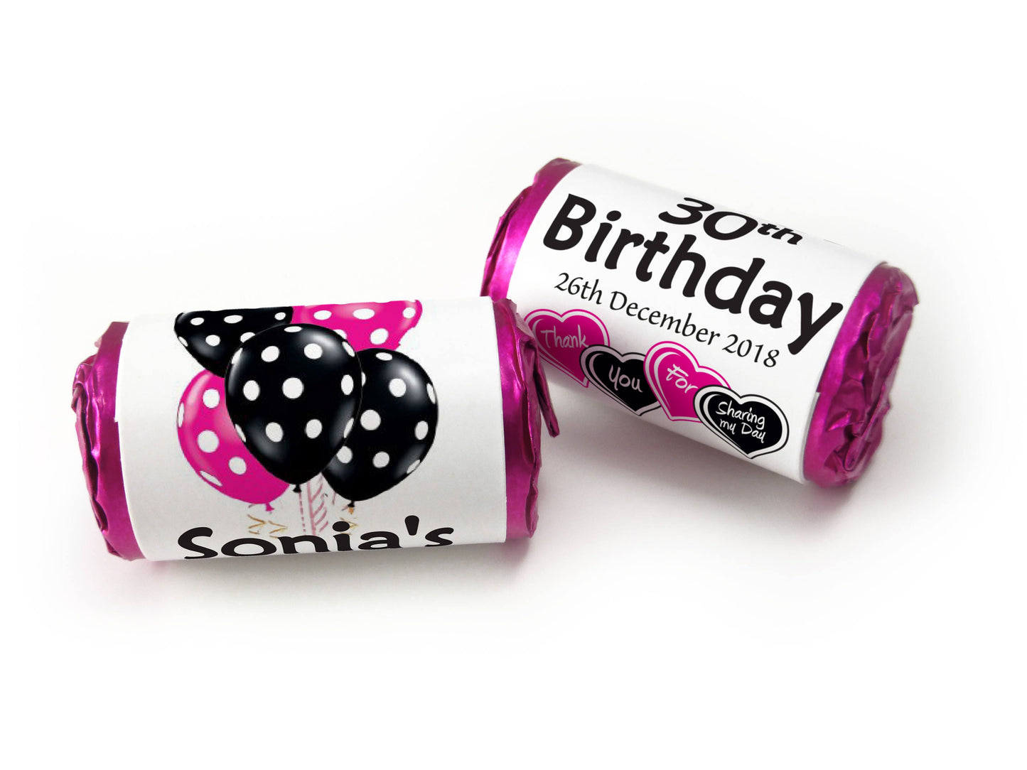 Birthday Gifts - Personalised Favours - Love Heart Sweets with Inner Foil choices - Pink or Black text with Birthday Age