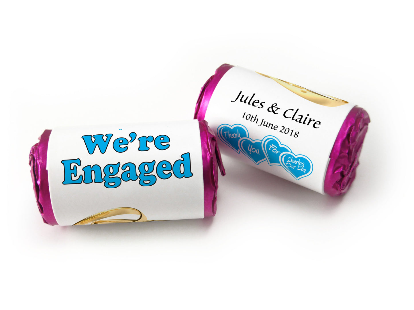 Engaged Sweets - Personalised Engagement Favours - Love Heart Sweets with Inner Foil choices- Gold Rings / Blue Text - V0