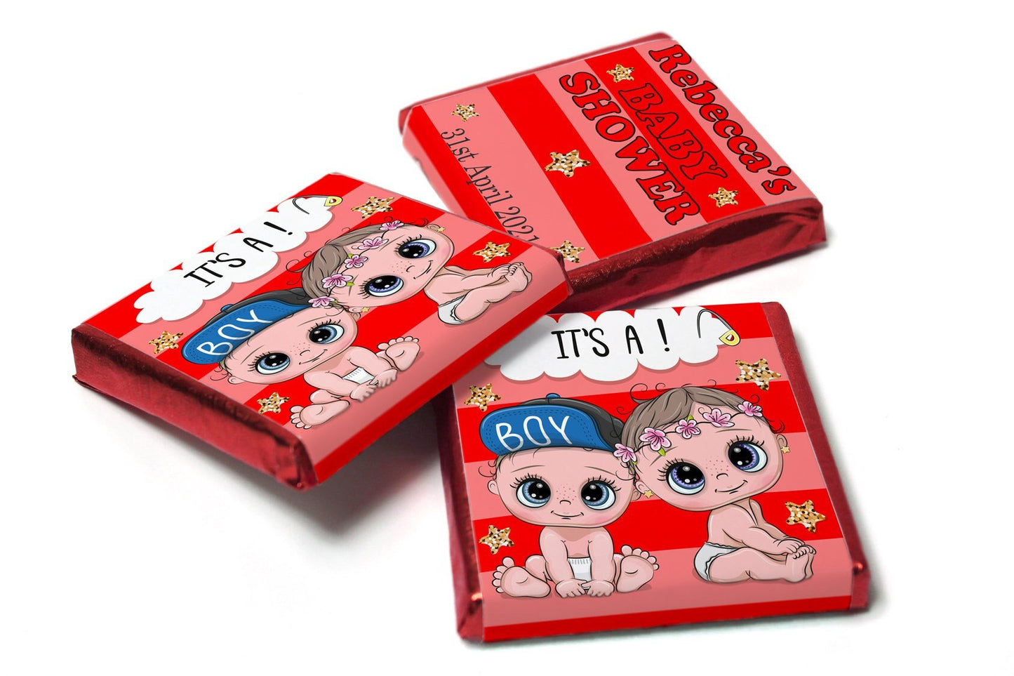 Baby Shower Chocolates - Personalised Favours - Neapolitan Chocolates - Red Reveal V5 - Personalise4uLtd