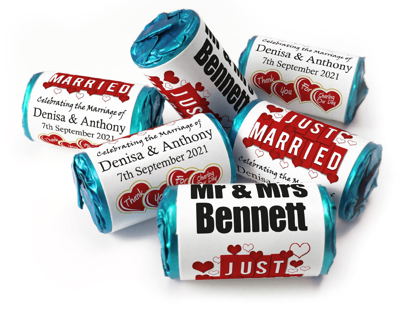 Wedding Sweets - Personalised Wedding Favours - Love Heart Sweets with Inner Foil choices - V1