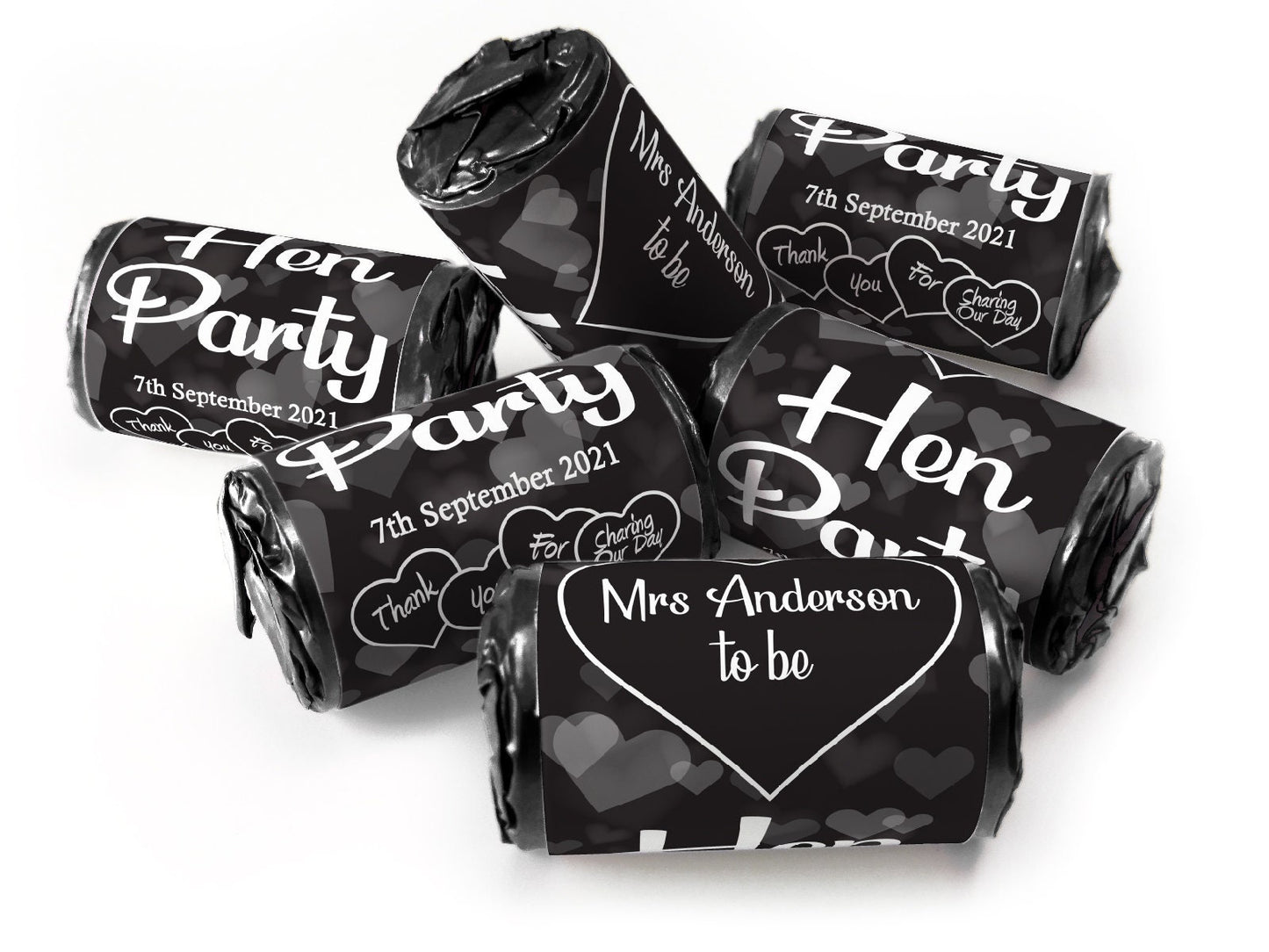 Hen Party Sweets - Personalised Favours - Love Heart Sweets with Matching Colour Foil Choices - V1