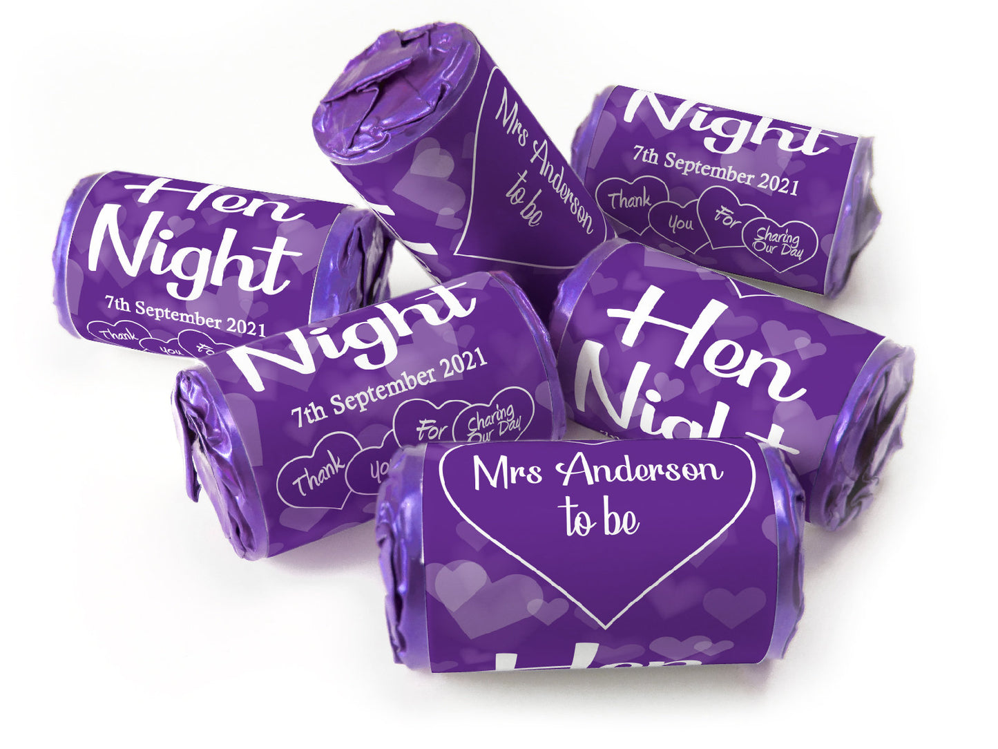 Hen Night Sweets - Personalised Favours - Love Heart Sweets with Matching Colour Foil Choices - V1