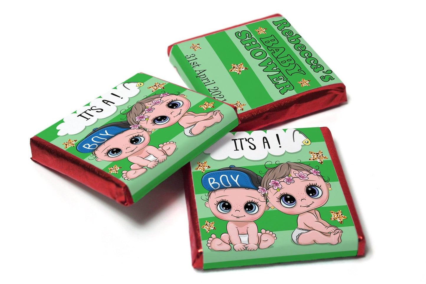 Baby Shower Chocolates - Personalised Favours - Neapolitan Chocolates - Green Reveal V5 - Personalise4uLtd