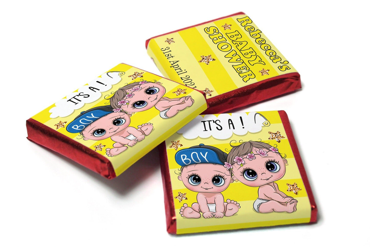 Baby Shower Chocolates - Personalised Favours - Neapolitan Chocolates - Yellow Reveal V5 - Personalise4uLtd