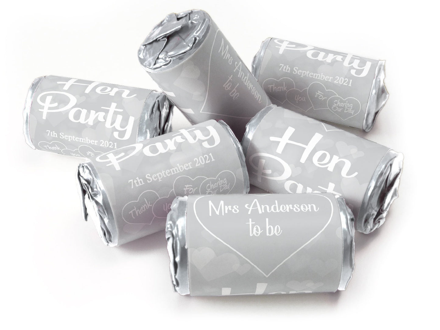 Hen Party Sweets - Personalised Favours - Love Heart Sweets with Matching Colour Foil Choices - V1