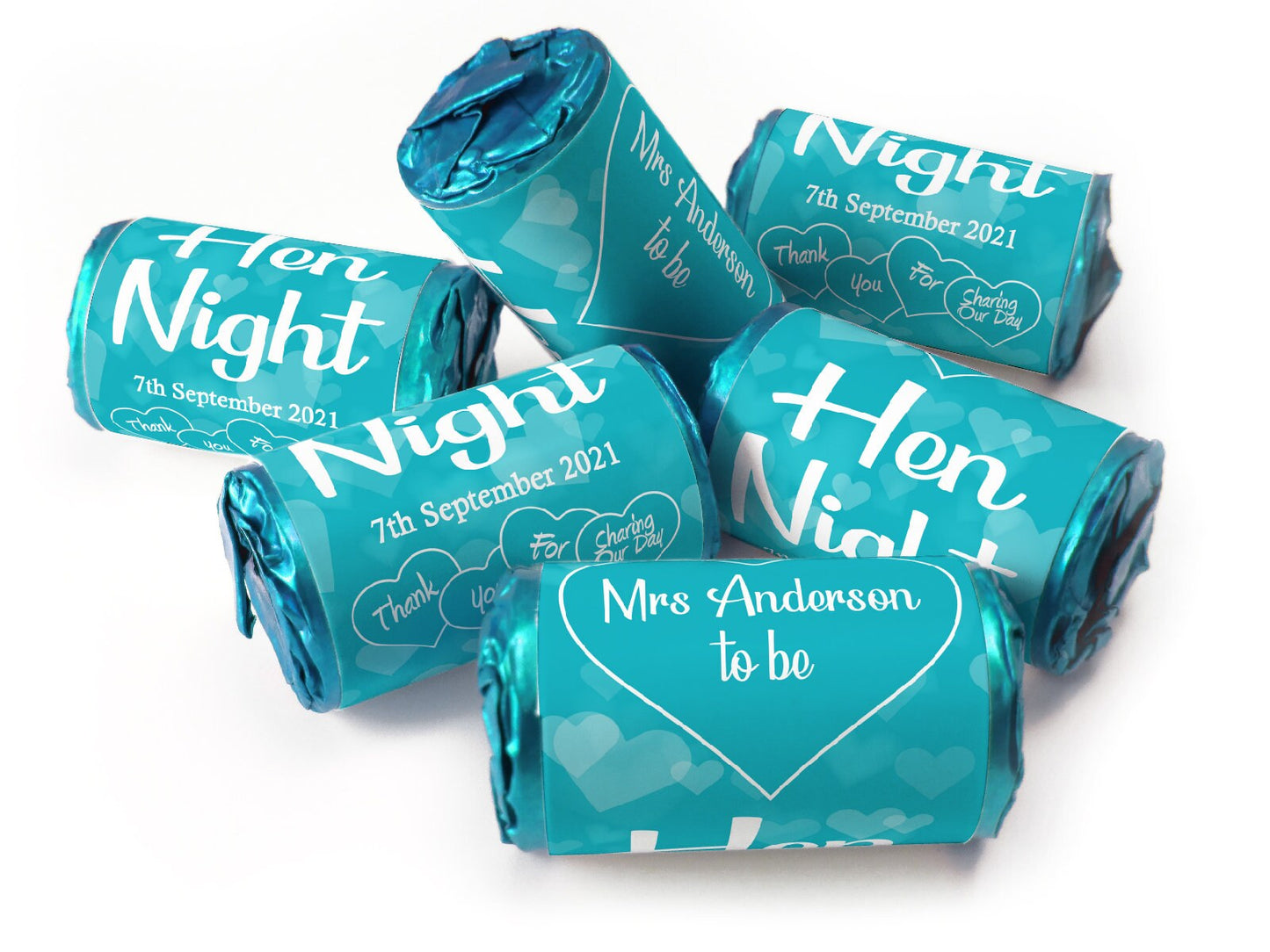 Hen Night Sweets - Personalised Favours - Love Heart Sweets with Matching Colour Foil Choices - V1