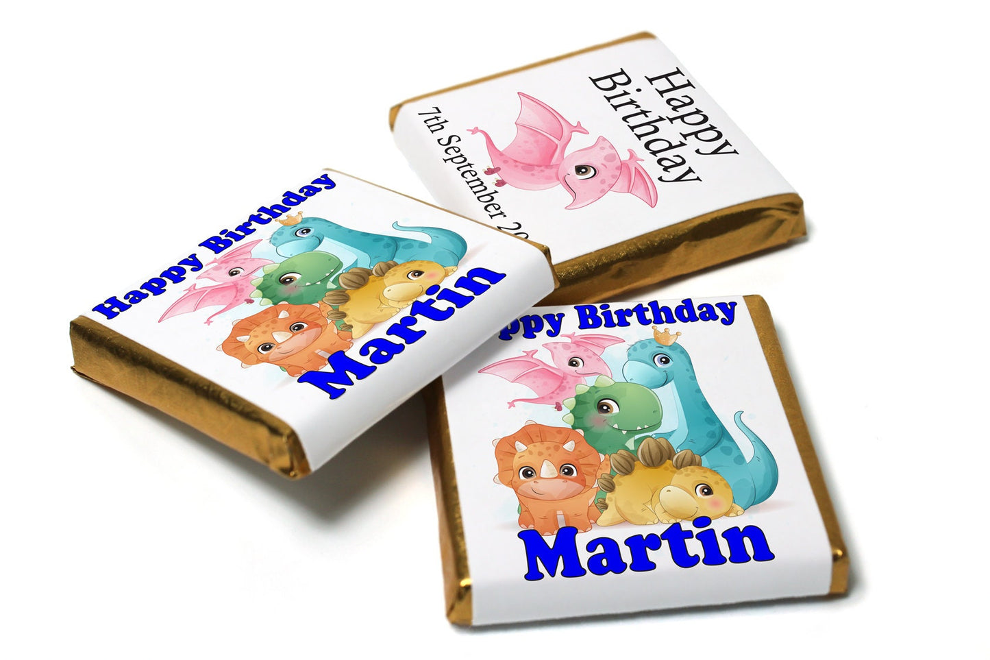 Birthday Gifts - Personalised Favours - Neapolitan Chocolates - Dinosaur - Blue Text - V0