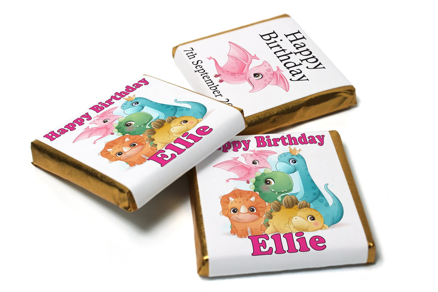 Birthday Gifts - Personalised Favours - Neapolitan Chocolates - Dinosaur - Pink Text - V0