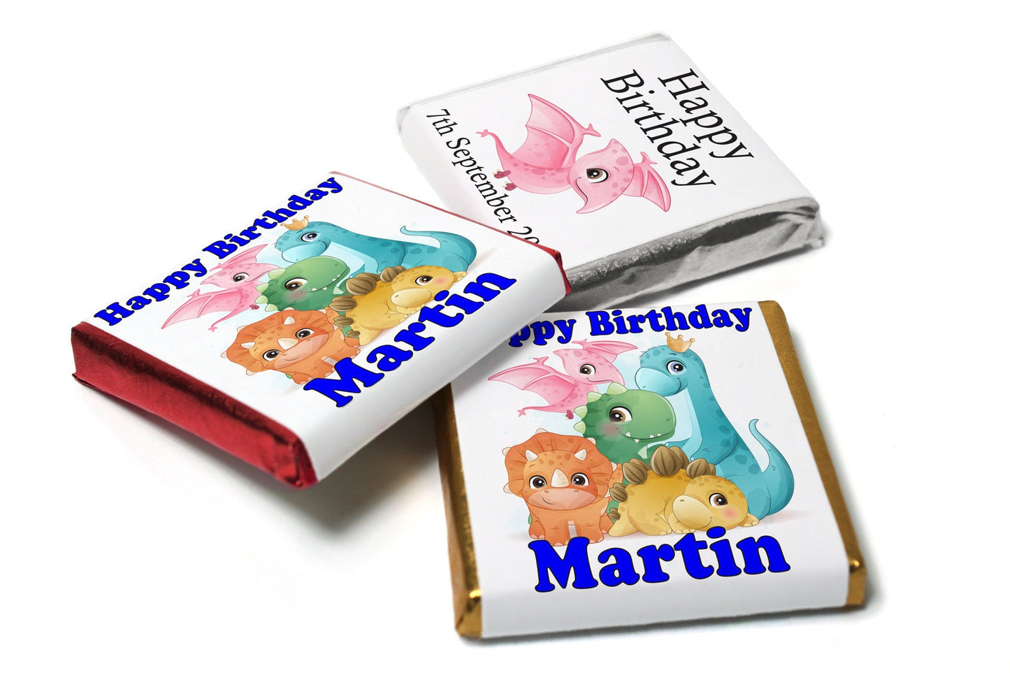Birthday Gifts - Personalised Favours - Neapolitan Chocolates - Dinosaur - Blue Text - V0