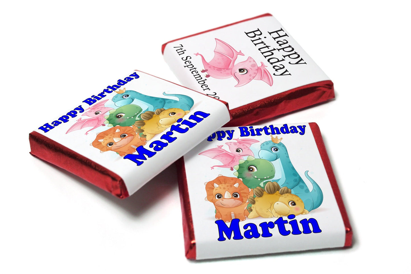 Birthday Gifts - Personalised Favours - Neapolitan Chocolates - Dinosaur - Blue Text - V0