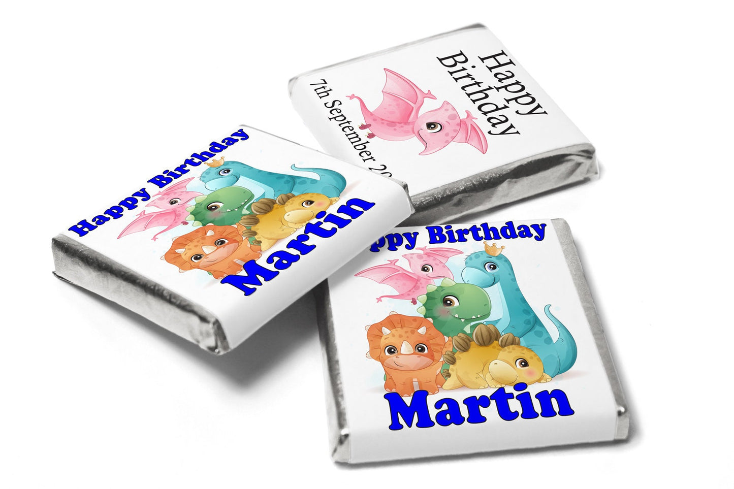 Birthday Gifts - Personalised Favours - Neapolitan Chocolates - Dinosaur - Blue Text - V0