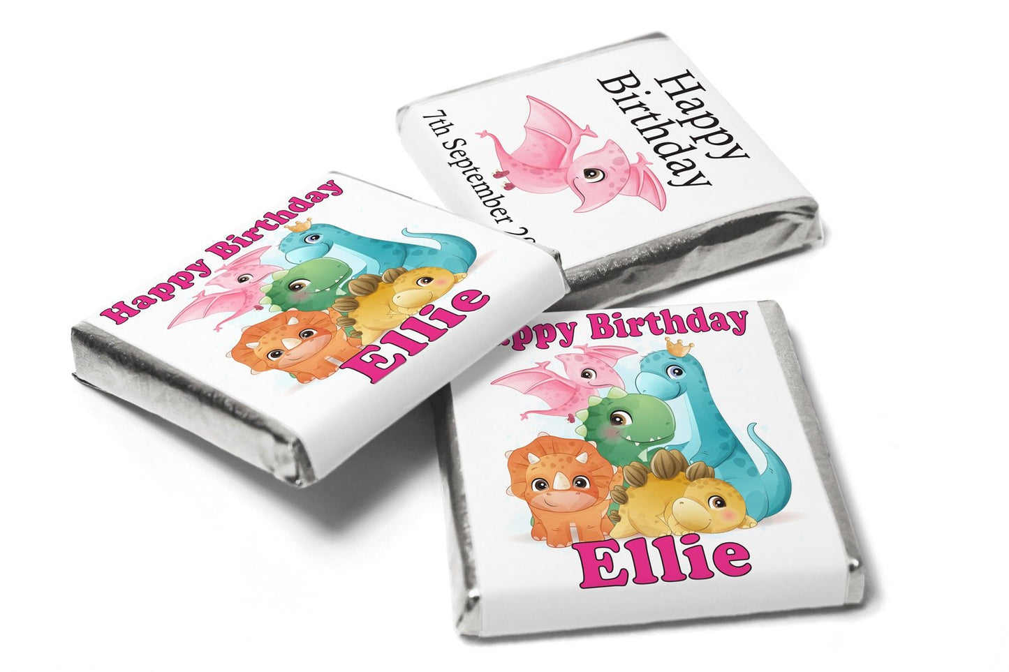 Birthday Gifts - Personalised Favours - Neapolitan Chocolates - Dinosaur - Pink Text - V0 - Personalise4uLtd