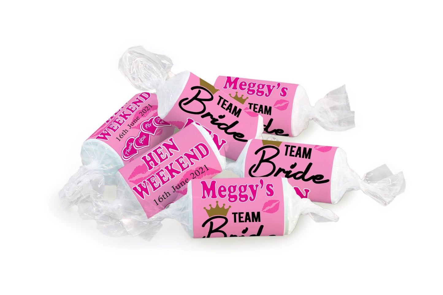Hen Sweets - Personalised Favours - Love Heart Sweets, Team Bride - Clear ends - V4 - Personalise4uLtd