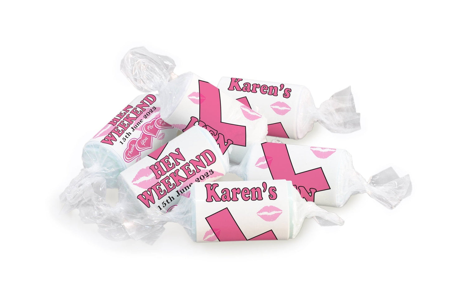 Hen Sweets - Personalised Favours - Love Heart Sweets, Learner - Clear ends - V7 White - Personalise4uLtd