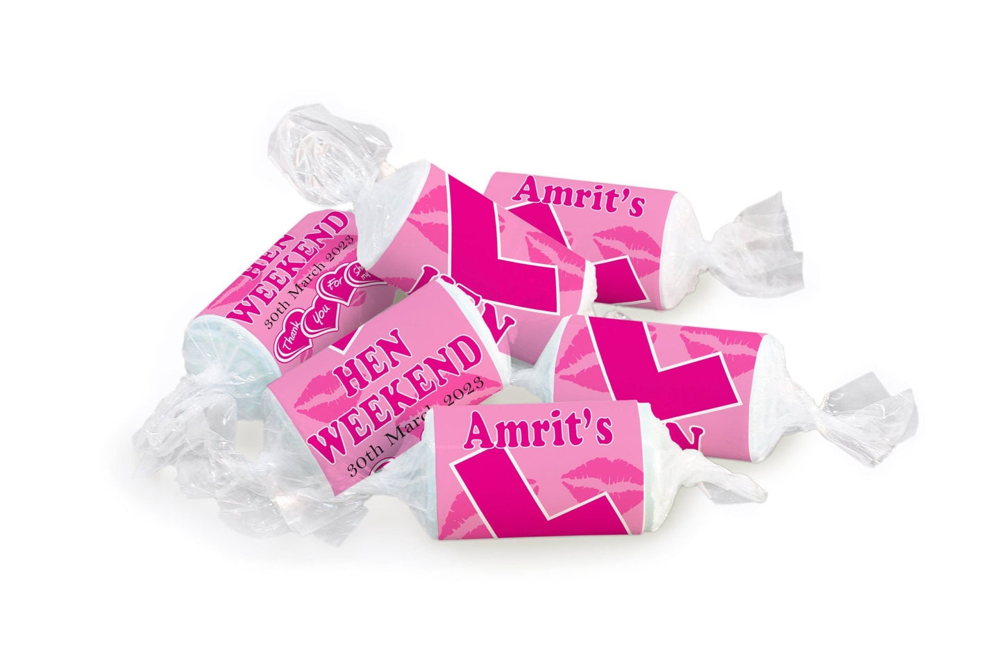 Hen Sweets - Personalised Favours - Love Heart Sweets, Learner - Clear ends - V7 Pink - Personalise4uLtd