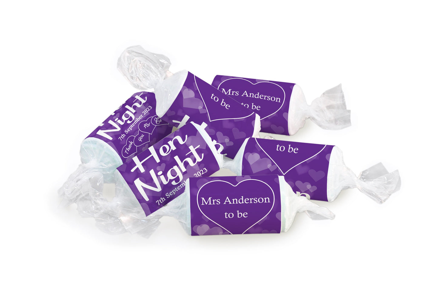 Hen Sweets - Personalised Favours - Love Heart Sweets, Mrs to be - Clear ends - V1 Purple