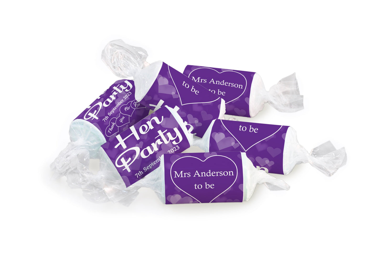 Hen Sweets - Personalised Favours - Love Heart Sweets, Mrs to be - Clear ends - V1 Purple
