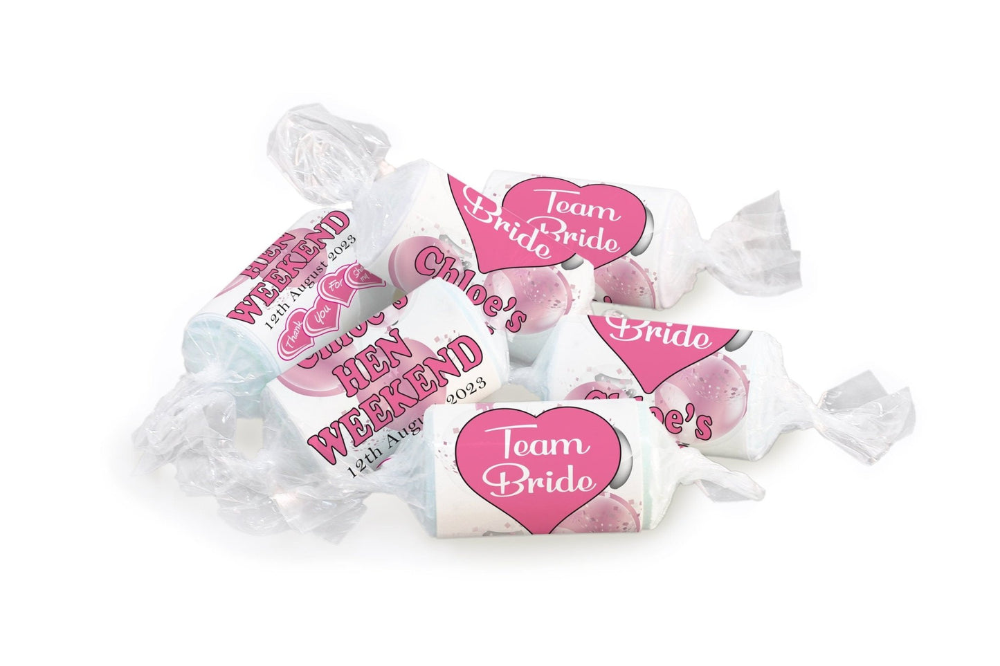 Hen Sweets - Personalised Favours - Love Heart Sweets, Team Bride - Clear ends - V3 - Personalise4uLtd
