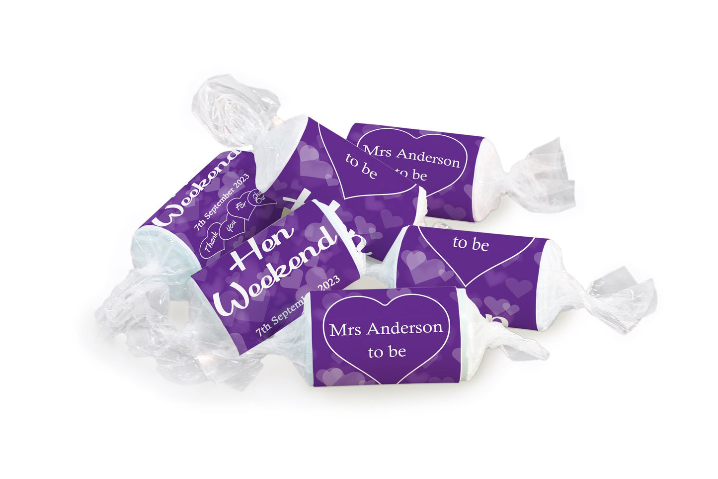 Hen Sweets - Personalised Favours - Love Heart Sweets, Mrs to be - Clear ends - V1 Purple
