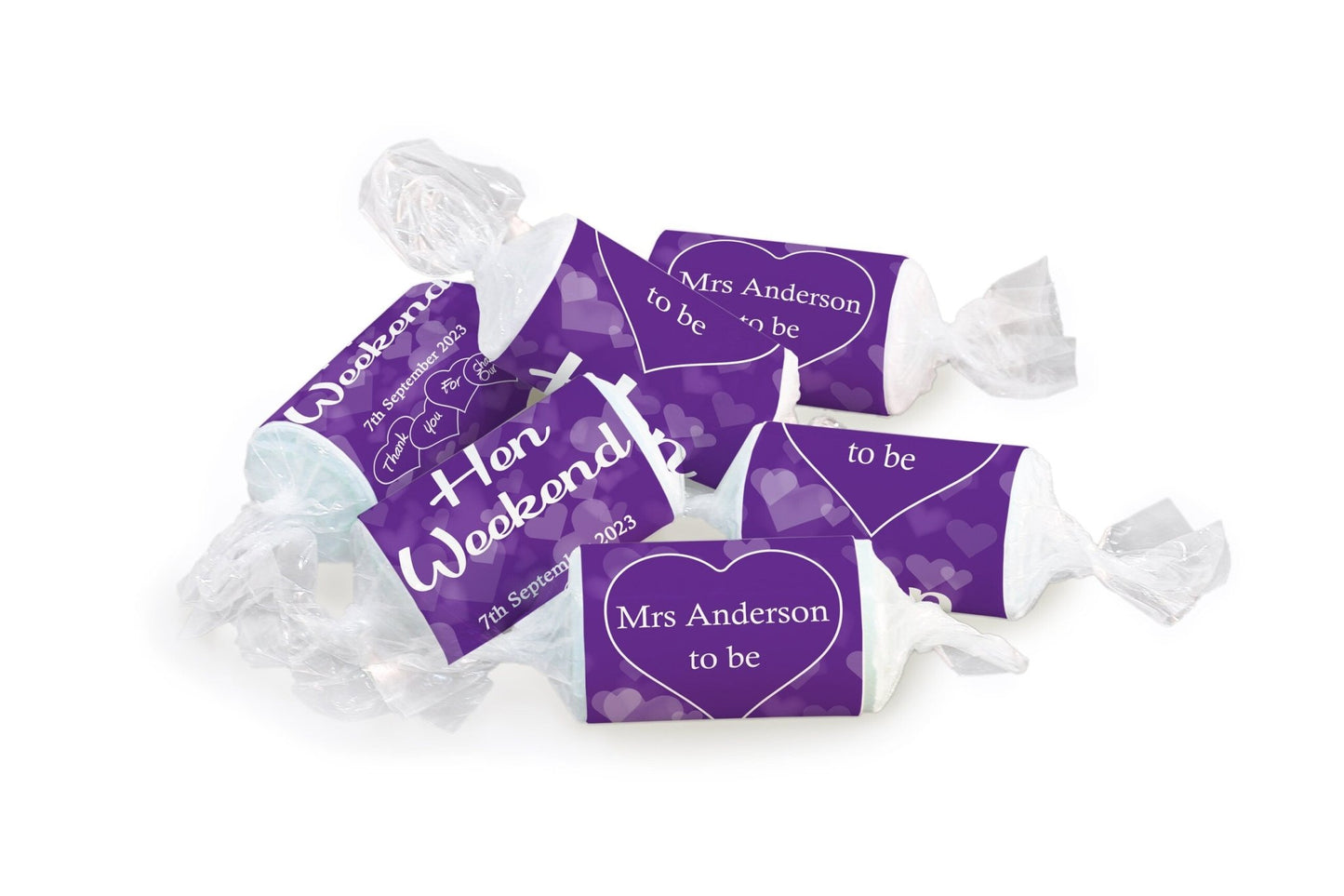 Hen Sweets - Personalised Favours - Love Heart Sweets, Mrs to be - Clear ends - V1 Purple - Personalise4uLtd