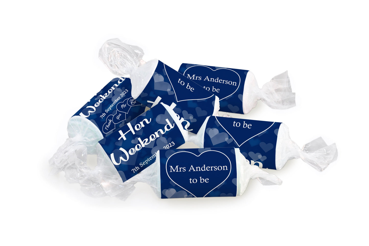 Hen Sweets - Personalised Favours - Love Heart Sweets, Mrs to be - Clear ends - V1 Blue