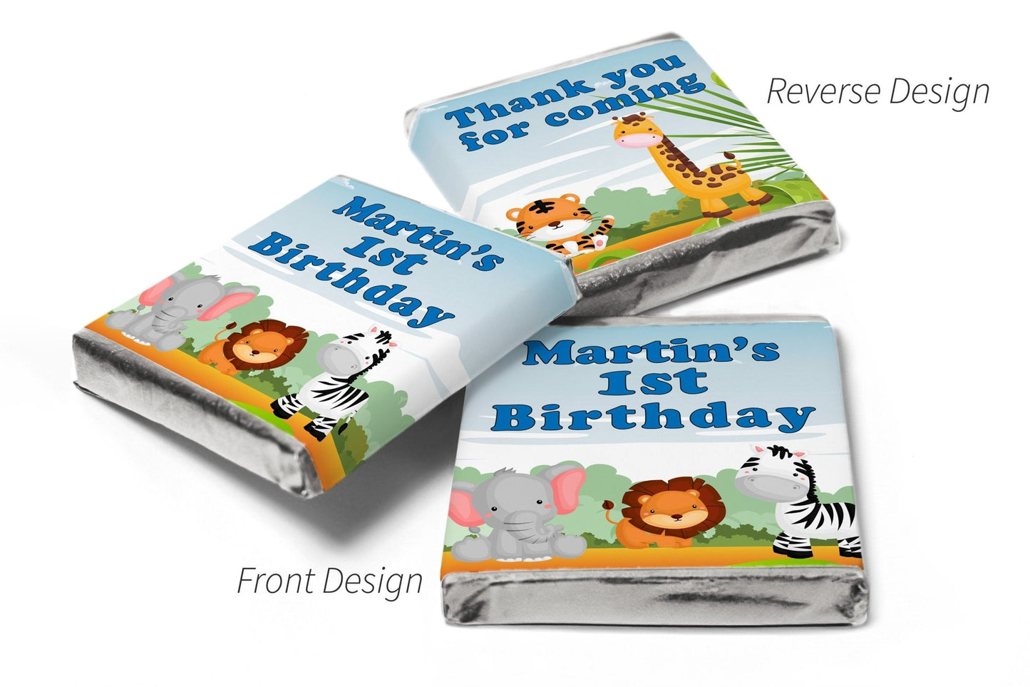 Birthday Chocolates - Personalised Favours - Neapolitan Chocolates - Jungle - Blue Text with Age V0 - Personalise4uLtd