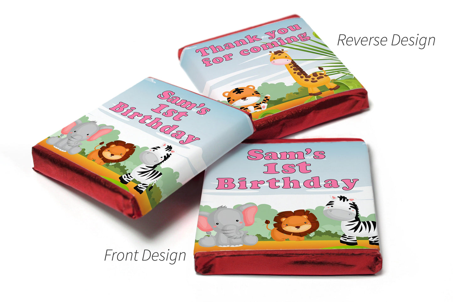 Birthday Gifts - Personalised Favours - Neapolitan Chocolates - Jungle - Pink Text with Age V0
