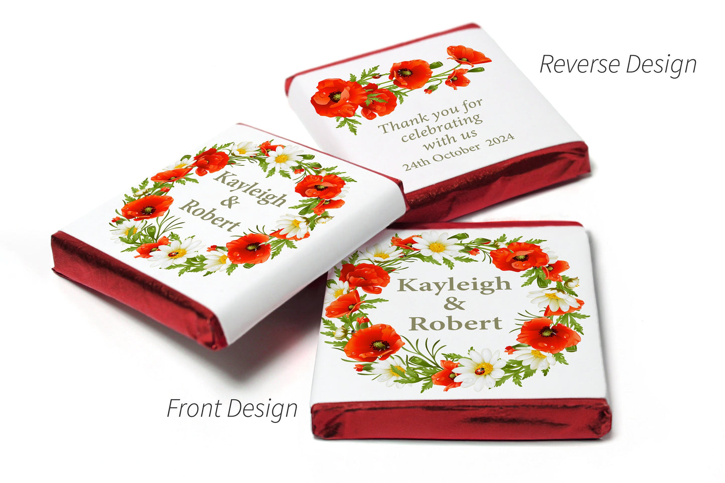 Floral Poppy Wedding Chocolates - Personalised Wedding Favours - Neapolitan Chocolates - V20