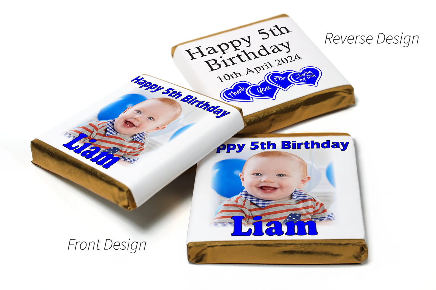 Birthday Gifts - Personalised Favours - Neapolitan Chocolates, - Blue Text with Image & Age