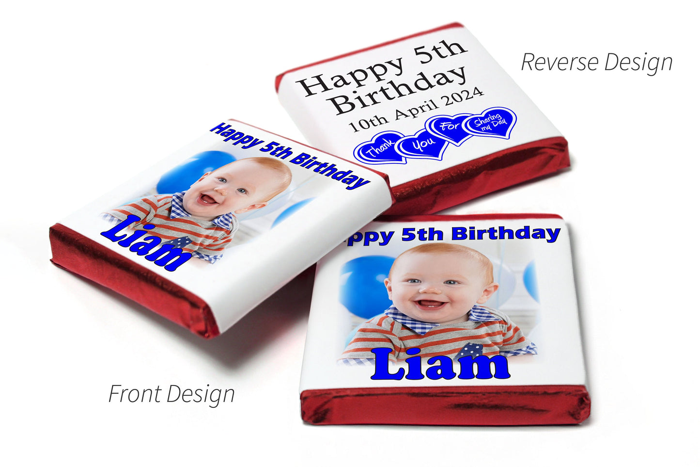 Birthday Gifts - Personalised Favours - Neapolitan Chocolates, - Blue Text with Image & Age
