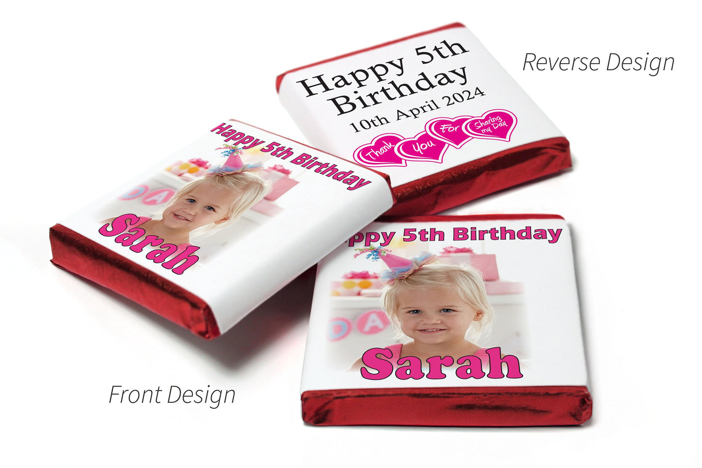 Birthday Gifts - Personalised Favours - Neapolitan Chocolates - Pink Text with Image & Age