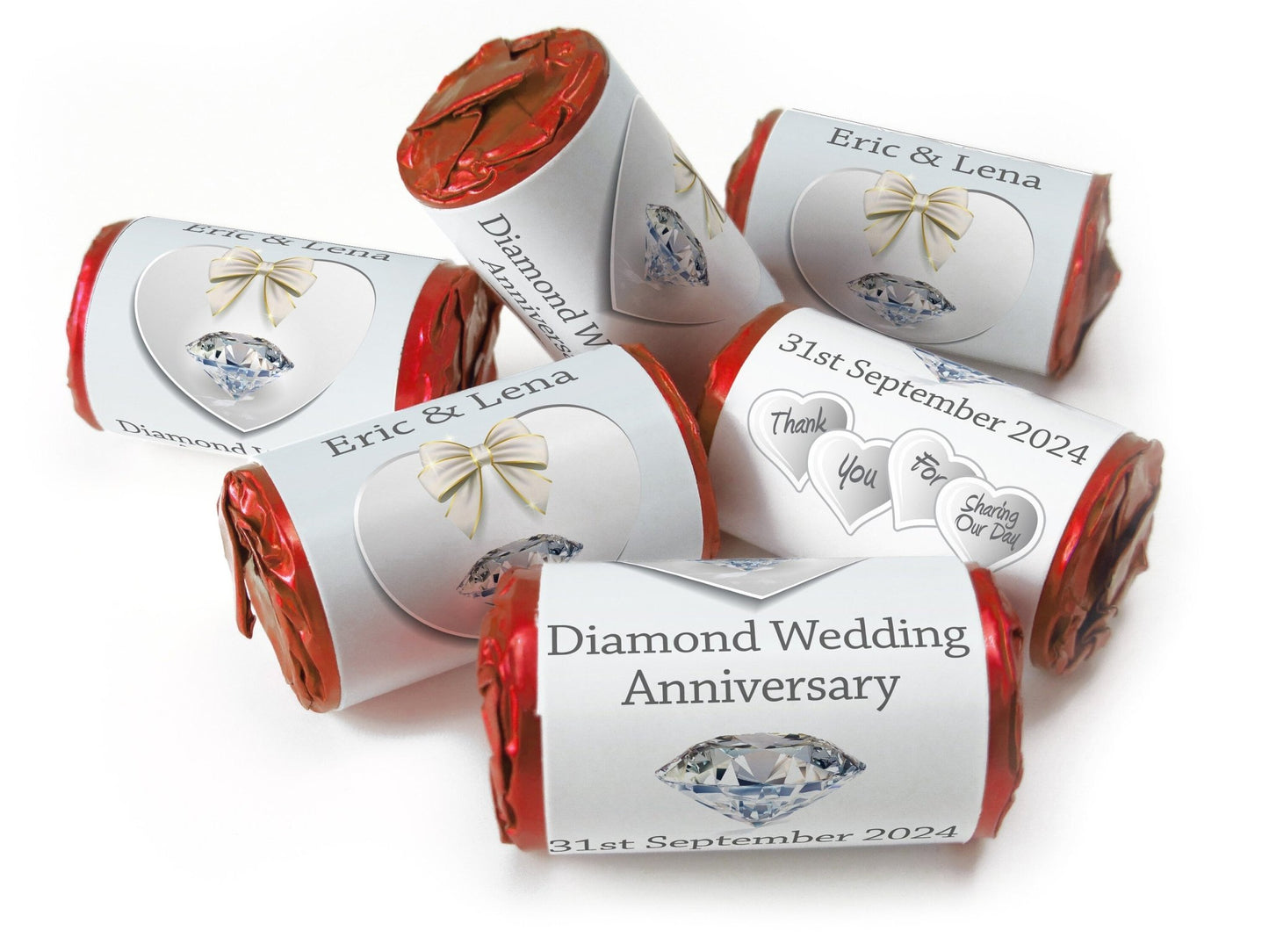 Diamond Wedding Anniversary Favours - Love Heart Sweets with Inner Foil choices - V1 - Personalise4uLtd