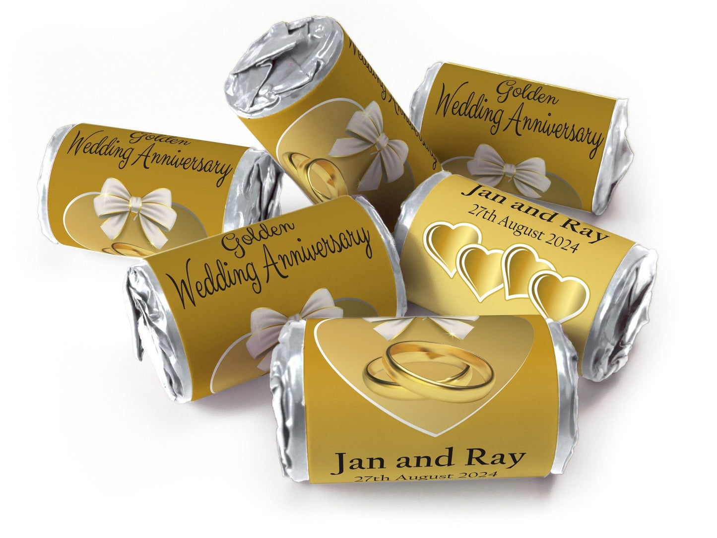 Golden Wedding Anniversary favours - love heart sweets with Inner Foil choices - V1 - Personalise4uLtd