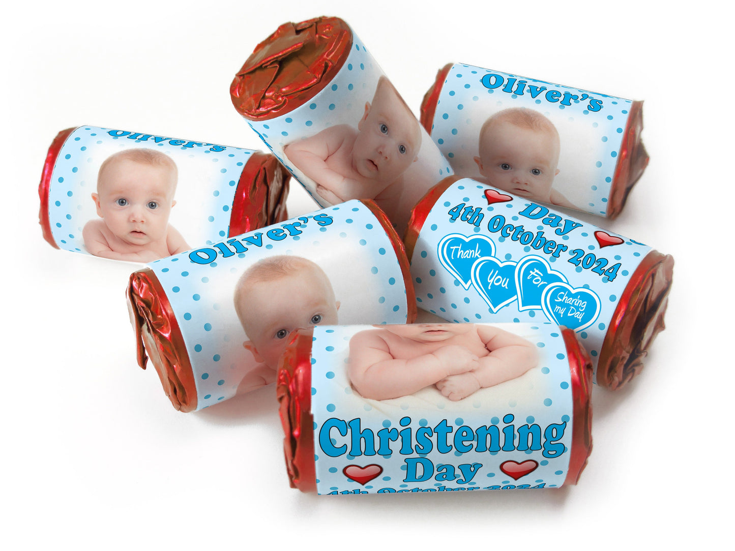 Christening Favours, Personalised Love Heart Sweets with Inner Foil choices - Boy with your image - V1