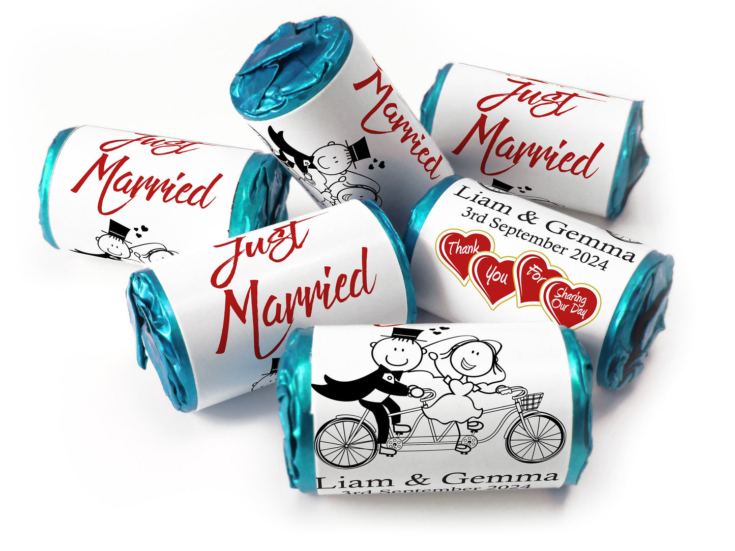 Wedding Sweets - Personalised Wedding Favours - Love Heart Sweets with Inner Foil choices, Cartoon - V15