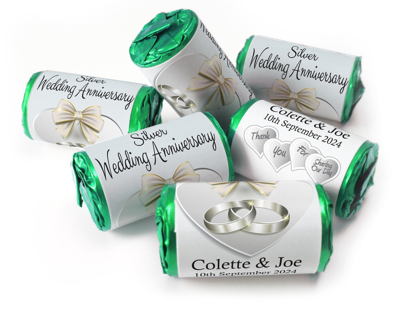 Silver Wedding Anniversary Favours - Love Heart Sweets with Inner Foil choices - V1 - Personalise4uLtd