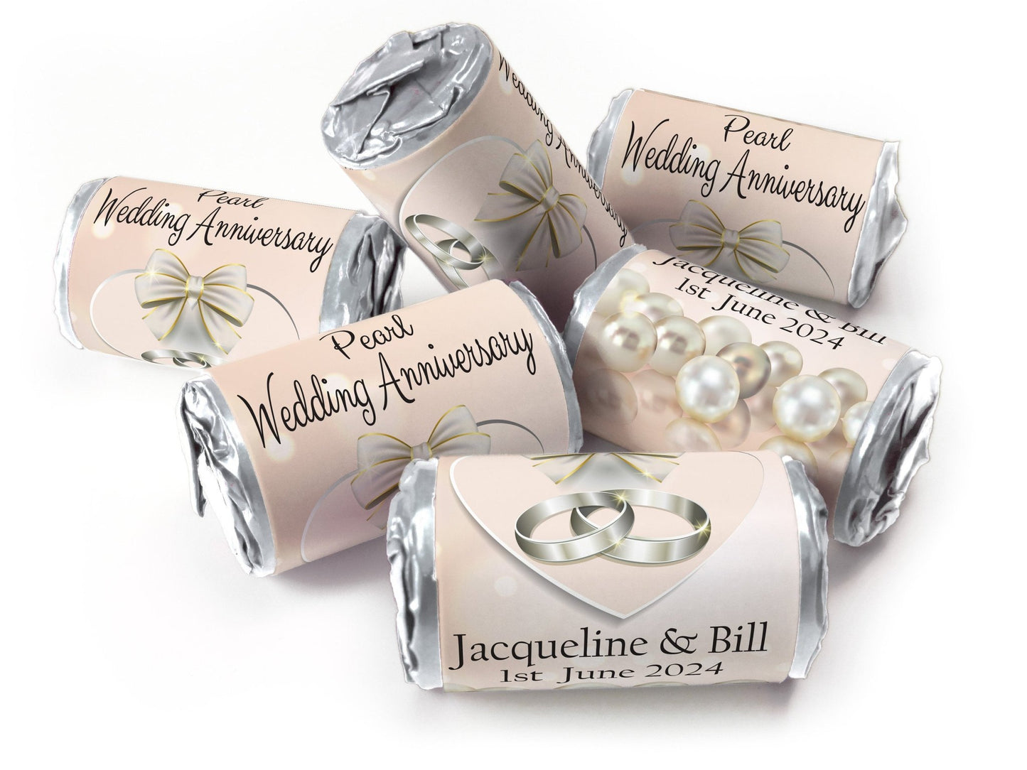 Pearl Wedding Anniversary Favours - Love Heart Sweets with Inner Foil choices - V1 - Personalise4uLtd