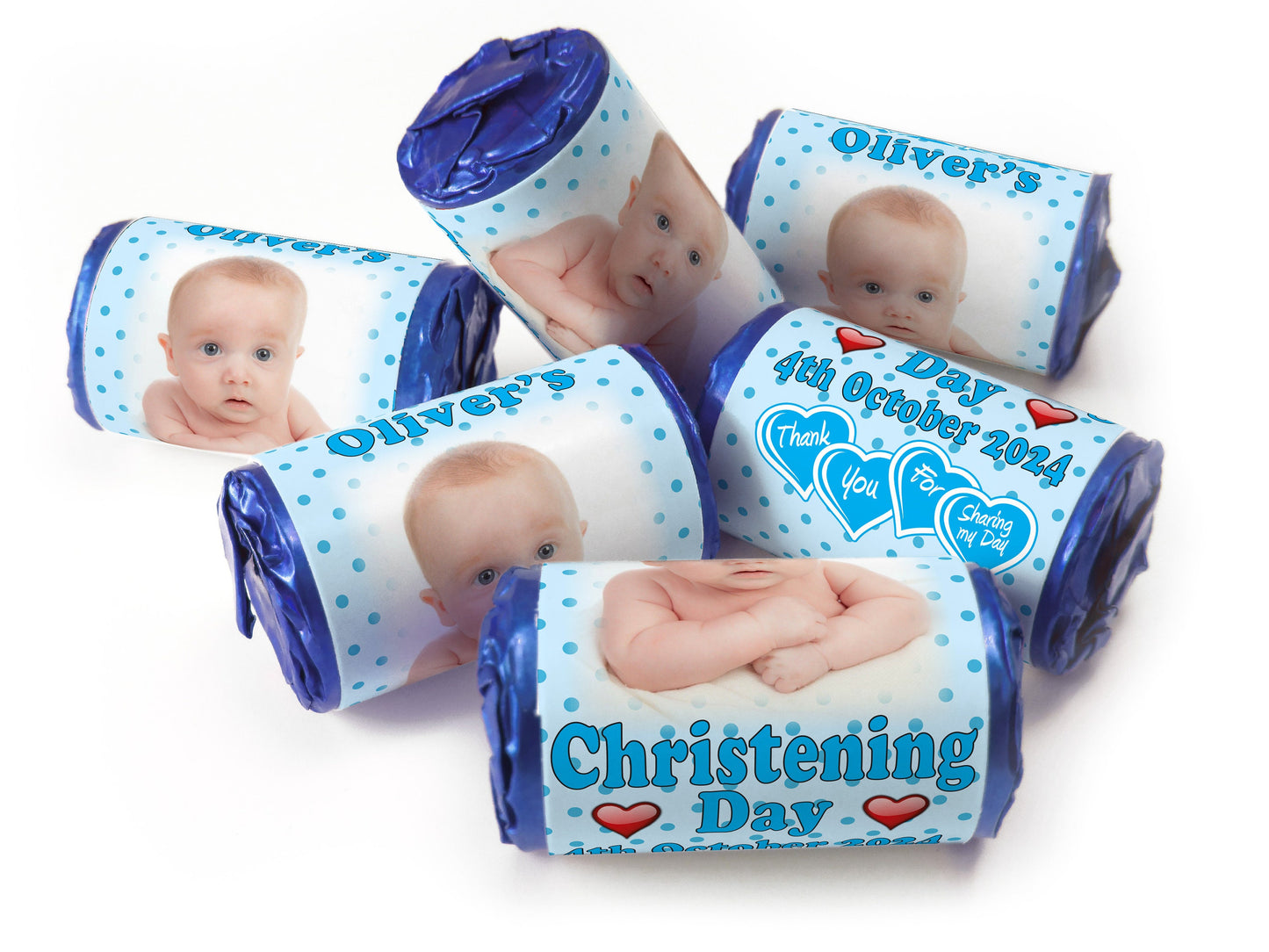 Christening Favours, Personalised Love Heart Sweets with Inner Foil choices - Boy with your image - V1