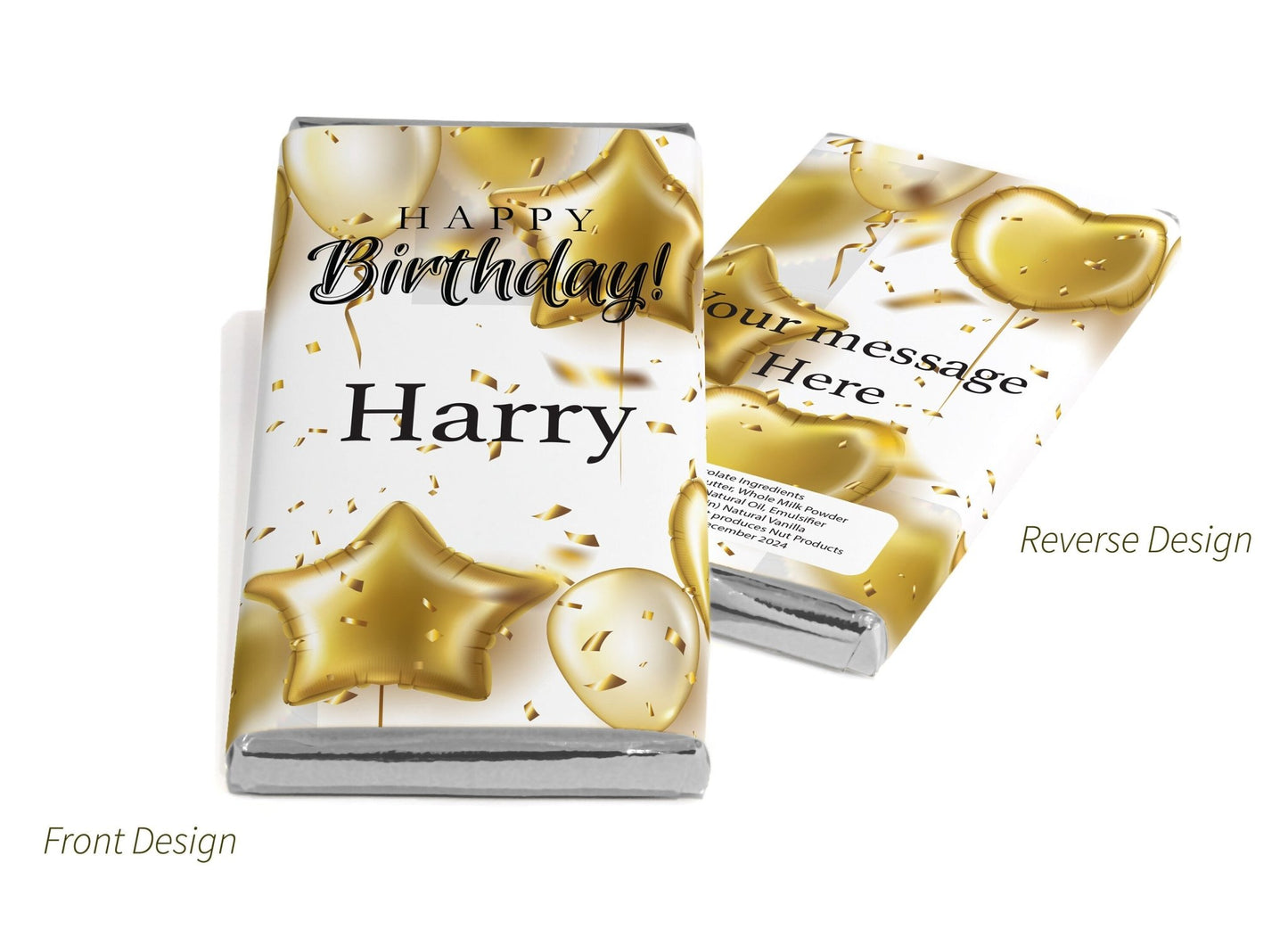 Birthday Gold Balloons Chocolate Bars - Personalised Favours - 80g Milk Chocolate Bars in Gold & Silver Foils - V0 - Personalise4uLtd